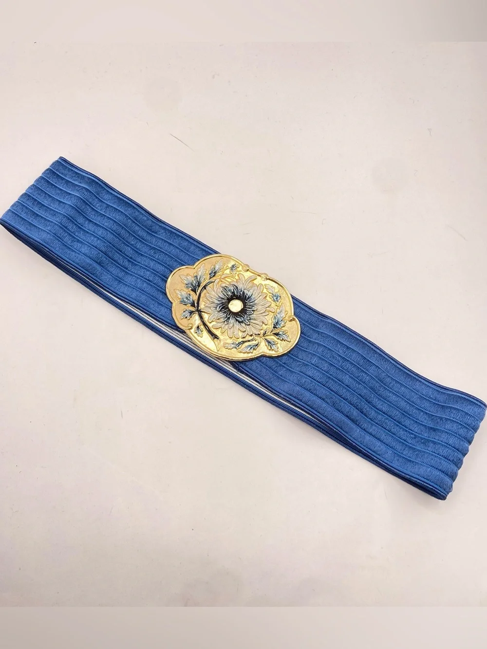 Vtg 80s Blue White Enamel Flower Belt Gold Interlocking Buckle Elastic Cinch